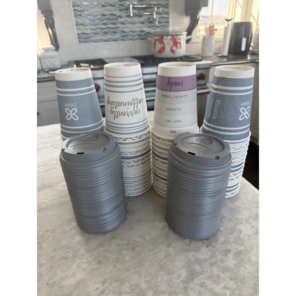 Opened Dixie To Go 59 insulated Disposable Coffee Cups 12 oz & Lids variety pack